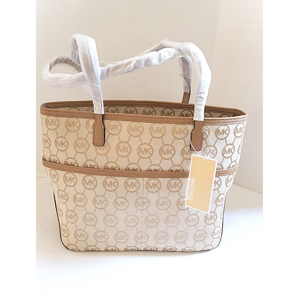 New! MICHAEL KORS MK Logo Monogram Medium Tote Handbag Bag Purse Beige Camel Tan - Picture 7 of 10